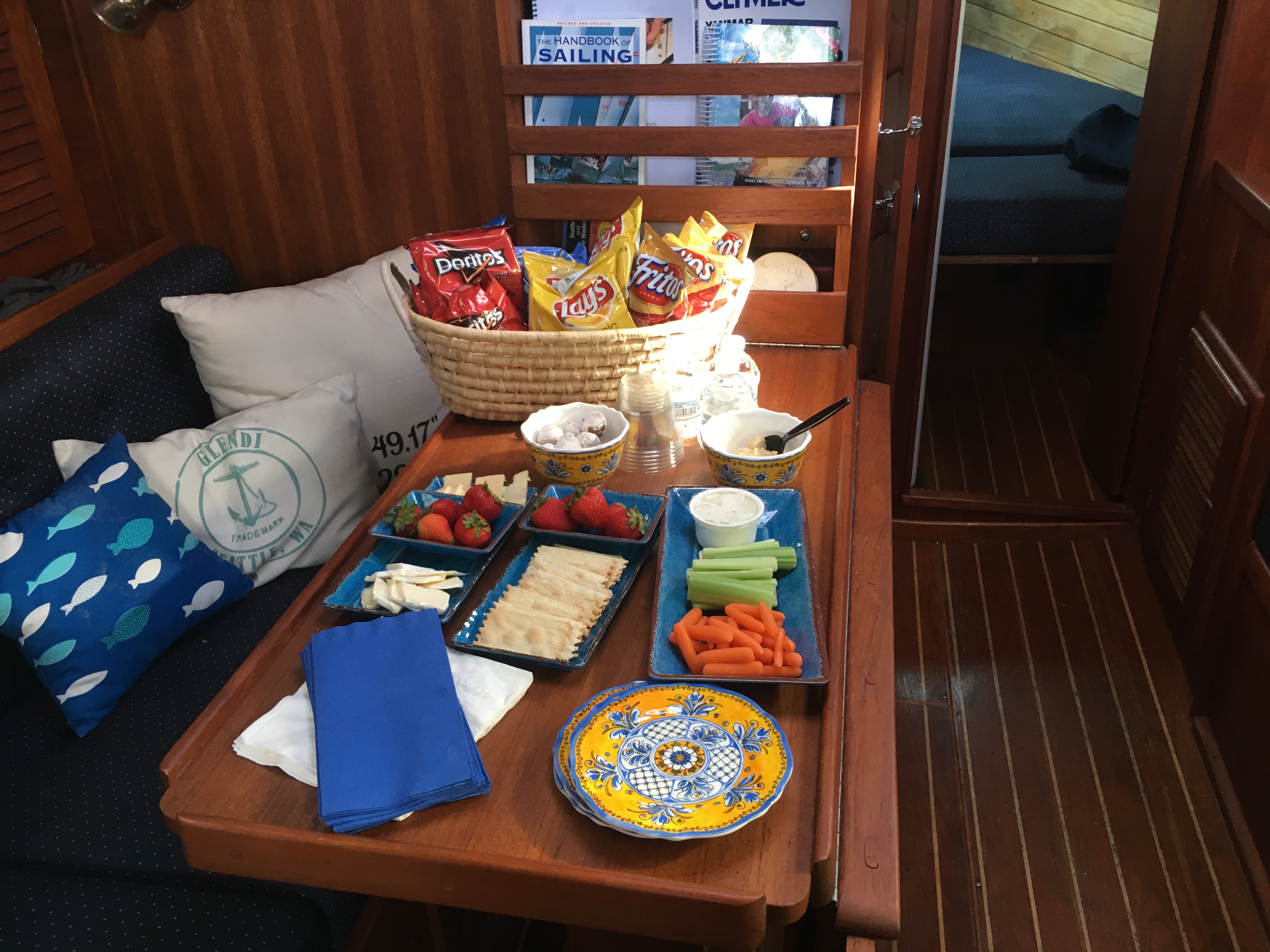 Fresh snacks and drinks set out inside the cabin for an overnight stay.